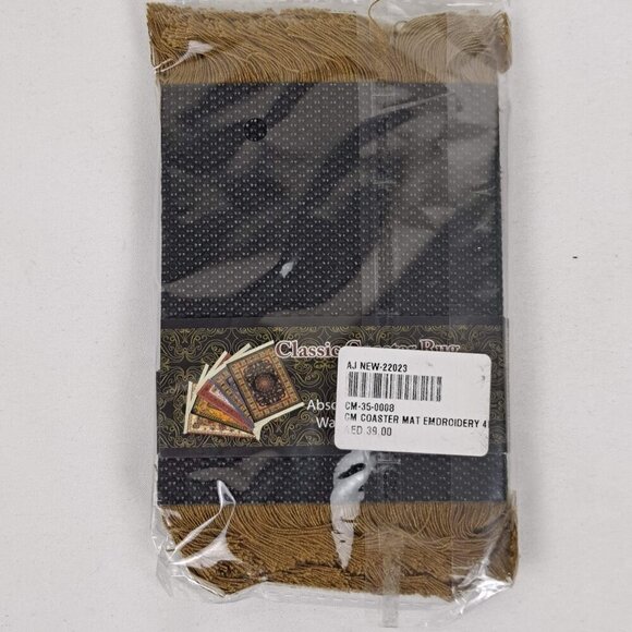 Arabic Rug Set of 4 Drink Coasters Red Black Green Gold Fringed Ends NWT - Picture 4 of 5